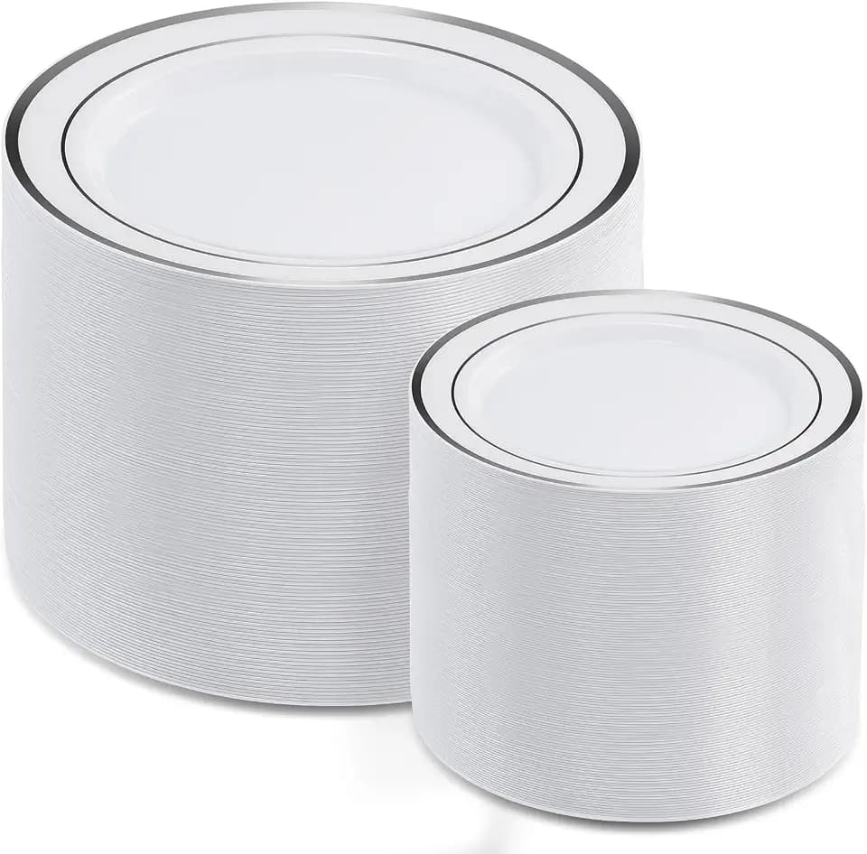 AOZITA 200Pcs Silver Plastic Plates, Disposable Plastic Party Plates for Party, Wedding and Birthday