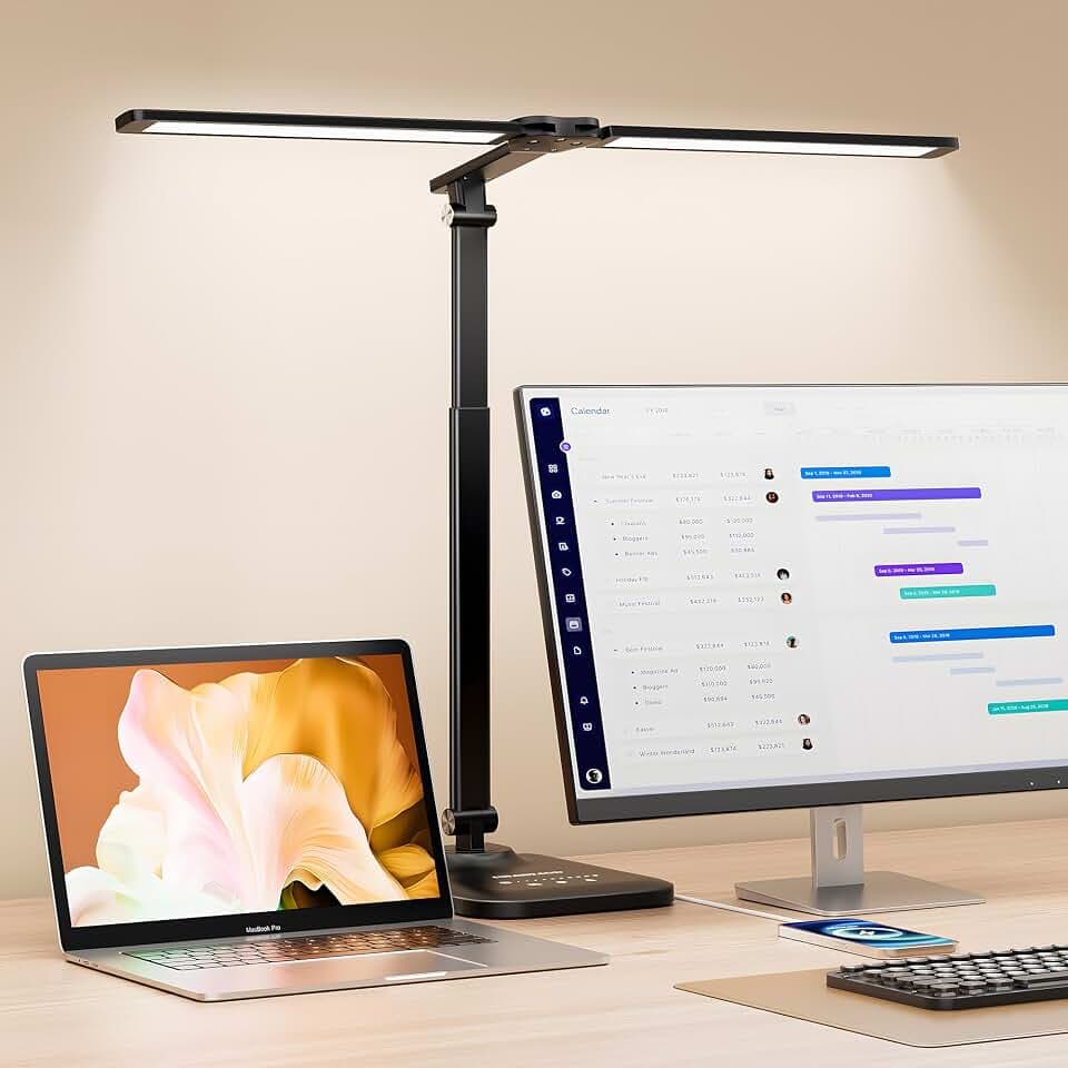 CHARYJOD Doppelkopf Schreibtischlampe LED Dimmbar, Dehnbare LED Schreibtischlampe,Schreibtisch Lampe hat 5-Farbtemperaturen und 10-Helligkeitsstufen, USB-Ladeanschluss