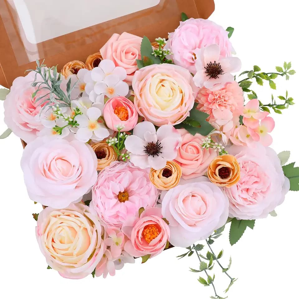 Kisflower Pink Artificial Flowers Combo Cake Flowers Decorations Fake Peony Silk Roses Gift Box for DIY Wedding Bridal Bouquet Centerpieces Arrangements Party Baby Shower Holiday Decor (Pale Pink)