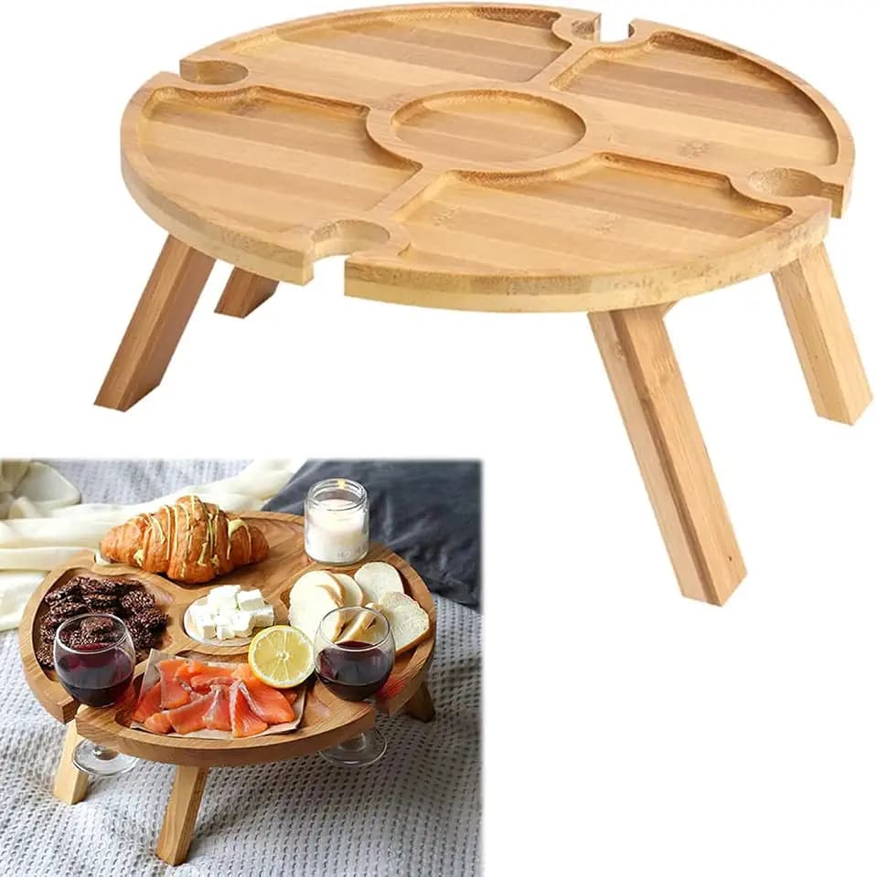Couch Bar mit Snackschalen, WeinBar für 4 Gläser, ablett für Weingläser und Aperitifs, Snackteller, Obstteller, Kleiner Holzweintisch,Speiseteller, klappbarer Esstisch für Picknick im Freien, Camping