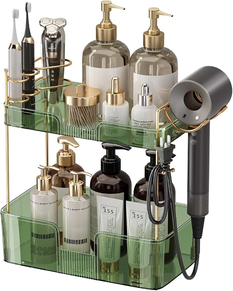 YCIA&DONE Luxury Bathroom Counter Organizer, Large Makeup Organizer Countertop, Shelf Organizer, Vanity Tray, Easily Assemble for Bathroom Organizers and Storage, Undersink, Cabinet, 2 Tiers Green