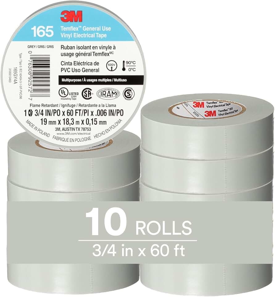 3M Temflex Vinyl Electrical Tape 165, 3/4 in x 60 ft, Gray, 10 Roll Pack