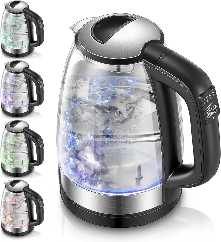Wasserkocher mit Temperatureinstellung, FOHERE Wasserkocher Glas, 5 Temperaturoptionen(50°C-100°C), Farbwechselnde LED, Warmhalten Funktion, 2200W Edelstahlboden, 1.7L BPA-frei