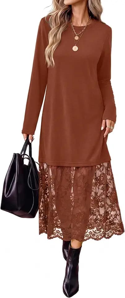 Long Sleeve Fall Dresses Midi Lace Patchwork Dress Fall Wedding Guest Dress