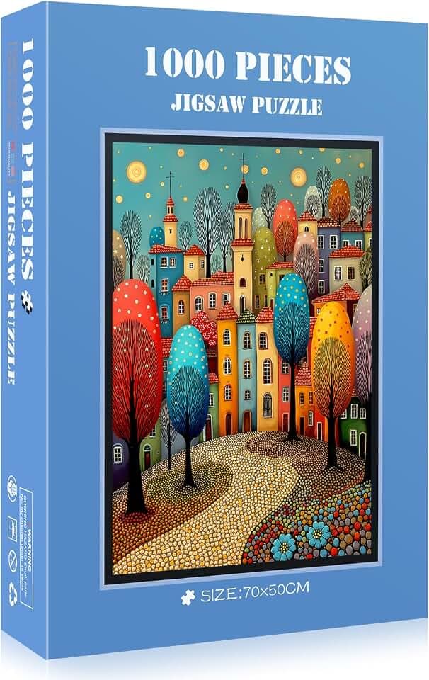 1000 Piece Whimsical Colorful Town Jigsaw Puzzle for Adults, Lettered Back