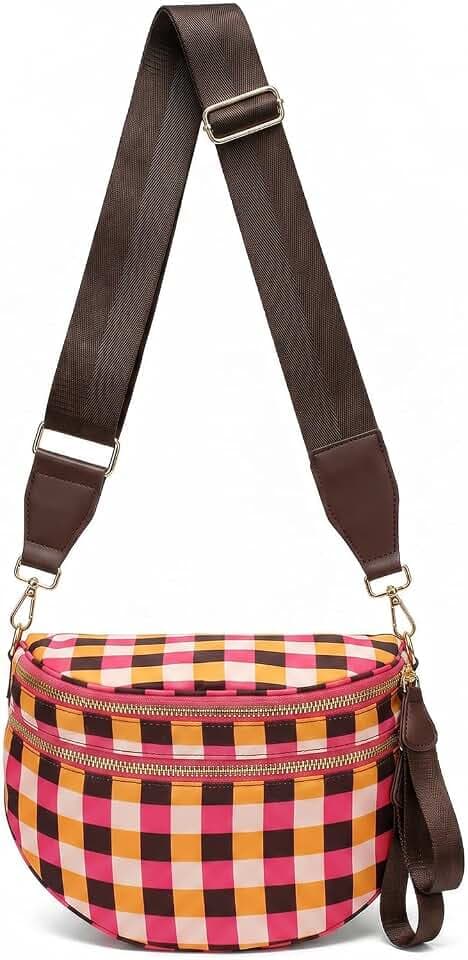 Checkered Crossbody Bag Nylon Bum Bags for Women Spacious Handbags Checkered Purse Fanny Packs with Shoulder Strap