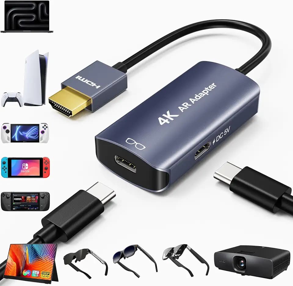 AR Glasses HDMI to USB C Adapter 4K@60Hz, XR Converter with Play and Charge DC 5V, HDMI to USB-C Video Display for XREAL One/Air 2 Pro/VITURE/RayNeo/Rokid, Switch 2/1, PS5/4, Xbox, Portable Monitor