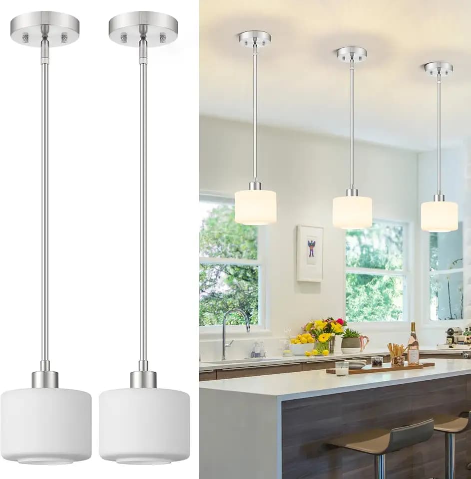 Milk Glass Pendant Lights Kitchen Island 2 Pack, Modern Brushed Nickel Hanging Light Fixtures with Rods, Mini Kitchen Pendant Lighting Over Island for Sink Bathroom, OS-YQ8153-2PBN