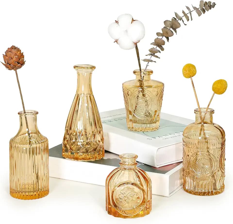SUPMIND Glass Bud Vases Set of 5, Small Gold Amber Flower Vases in Bulk