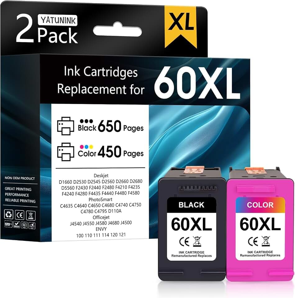 60XL Ink Cartridges Compatible for HP 60 Ink Cartridge Combo Pack
