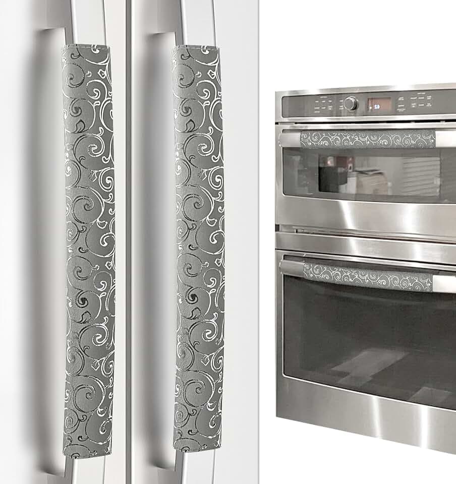 Refrigerator Door Handle Covers, Set of 4, Non-Slip Fridge Handle Covers, Washable Appliance Handle Covers, Keep Your Kitchen Clean, Microwave Oven Dishwasher Handle Protector(Gray, Silver pattern)