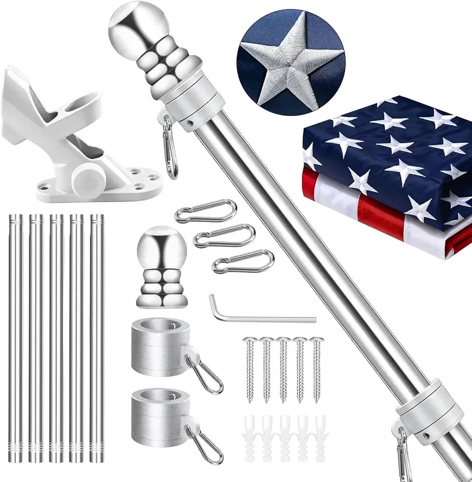 American Flags for Outside withPole,6FtHeavy Duty Flagpole and Exquisite US 3x5Ft Embroidered American Flag with Pole,Tear-Resistant DoubleNylon,Stars and Stripes Vibrant Color,All Weather (Silver)