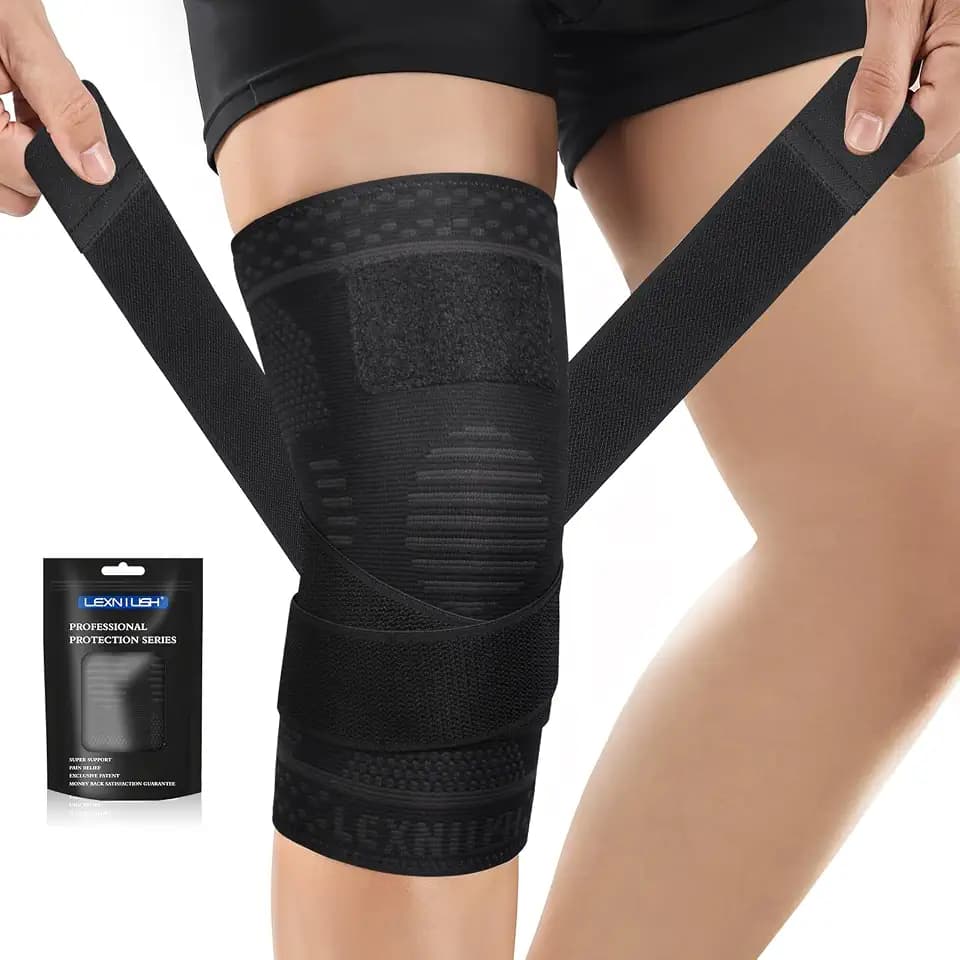 Lexniush Kniebandage für Damen Männer, Kompression Kniestütze mit Riemen für Knieschmerzen, Meniskusriss, Arthritis, ACL, Einstellbares Bandage Knie für Fussball, Laufen, Sport, Yoga(Schwarz, 3XL)