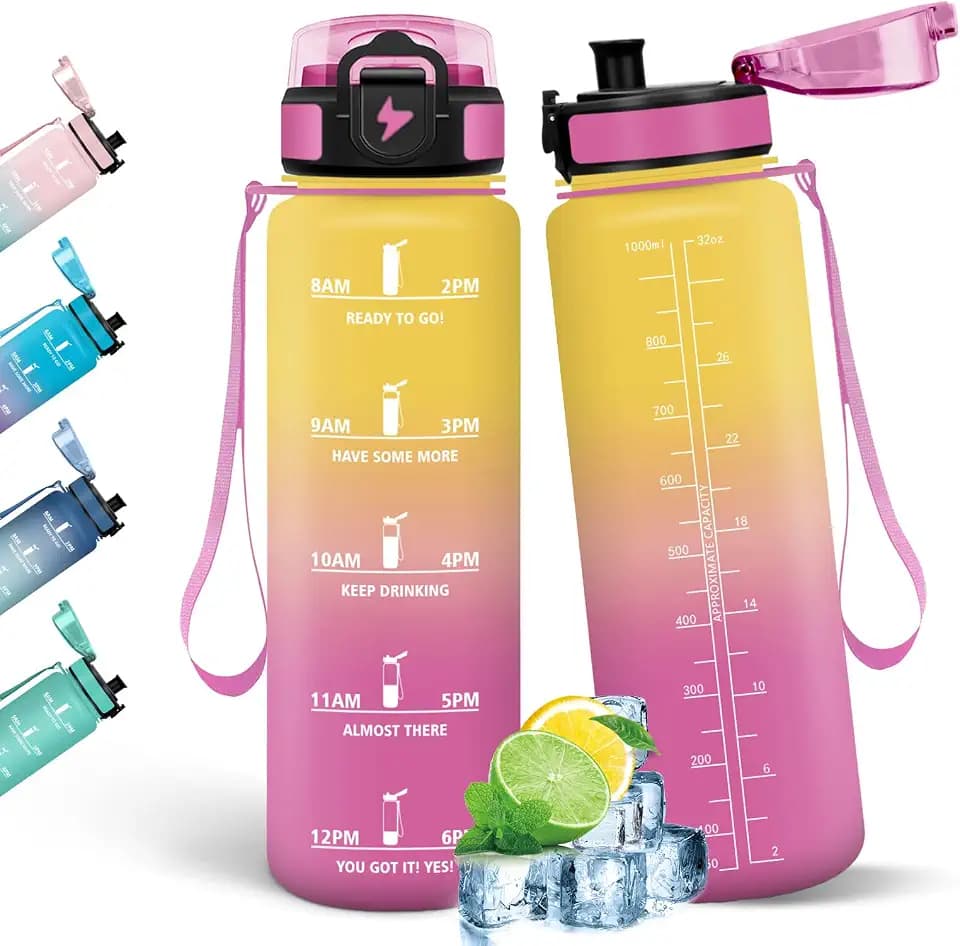HoneyHolly Trinkflasche 1L, Auslaufsicher mit Zeitmarkierung, Wasserflasche, Sportflasche mit Filter, Trinkflasche Kohlensäure Geeignet, Flasche, Wasserflasche Sport für Outdoor, Fahrrad, Fitness