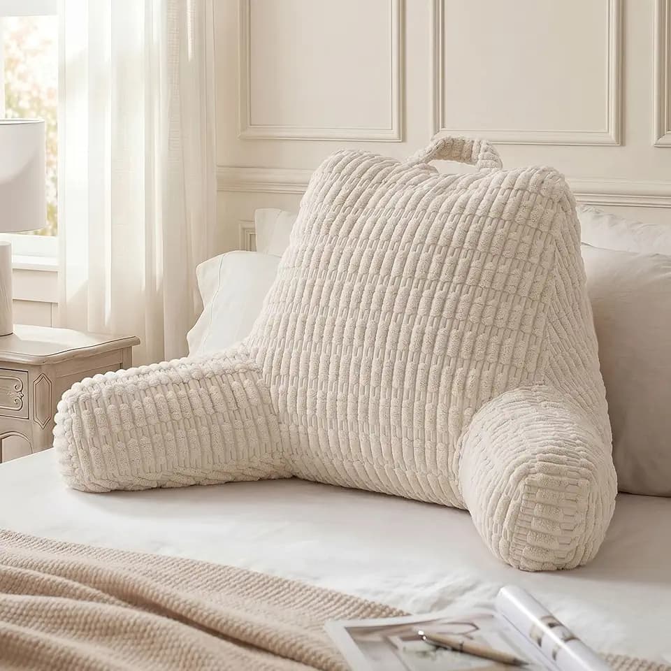 Blissful Diary Reading Pillow, Backrest Pillow with Shredded Memory Foam for Adult & Children, Designed for Bed and Couch Sitting Up, Includes Arms, Pockets and Washable Cover, Off White