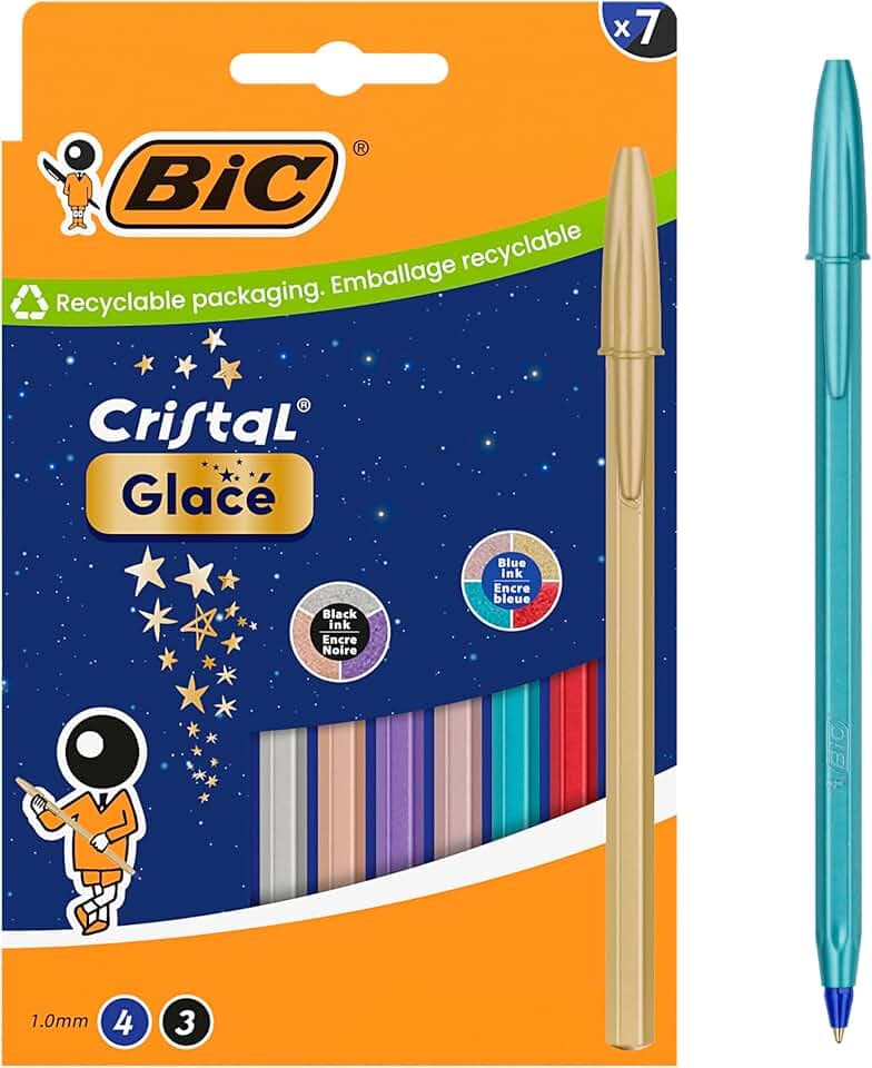 BIC Cristal Glacé Kugelschreiber mit mittlerer Spitze (1,00 mm) und nachfüllbaren Tintenminen – 4x blaue Tinte, 3x schwarze Tinte, Box à 7
