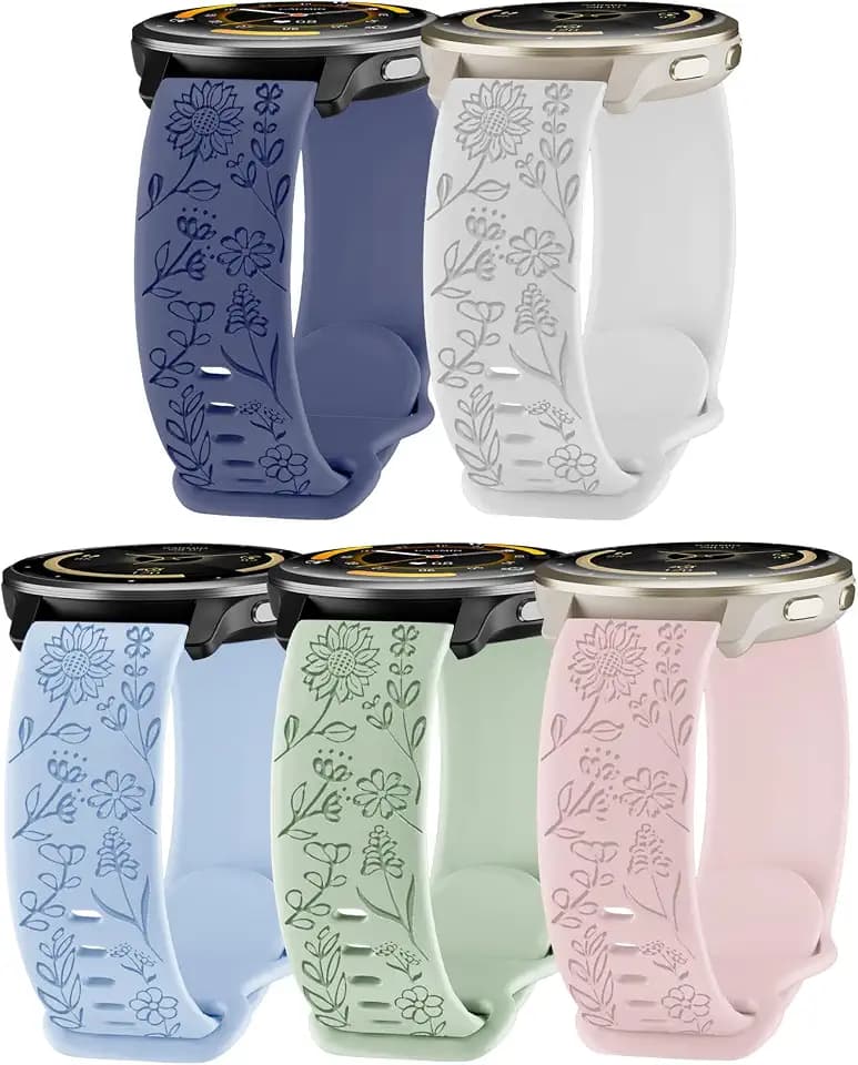 5 Pack 22mm Floral Engraved Watch Bands Compatible with Garmin Venu 4 Watch Band 45mm/Venu 3/Venu 2/Vivoactive 4 /Forerunner 265/255/255 Music,Soft Silicone Sport Straps for Women Men