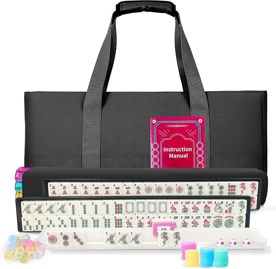 Mahjong Tile Set,166 White Tiles Mahjong Set, 4 All-in-One Rack/Pushers /3 dice, /100 Money Chips /1 Mahjong Instructions, American Mahjong Set with Black Carrying Bag
