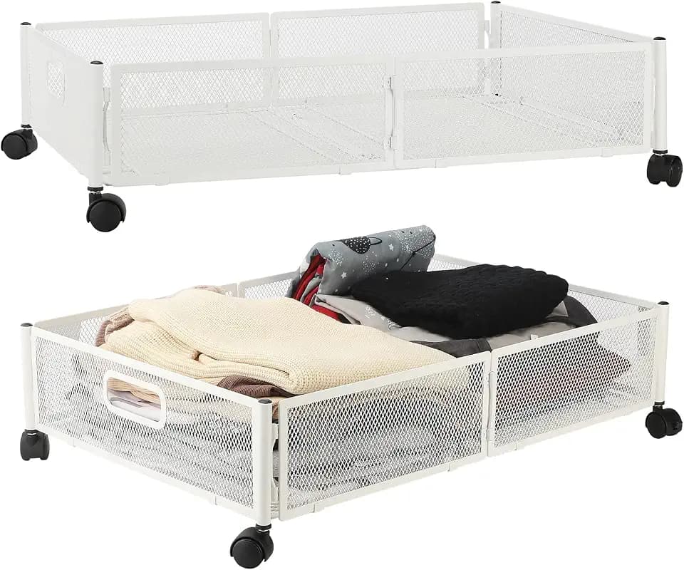 Unterbett-Aufbewahrungsbehälter unter dem Bett, 2 PCS Aufbewahrungsbehälter mit Rädern, werkzeuglose Montage, Metall, Unterbett-Aufbewahrungs-Organizer, Schublade für Schlafzimmer, weiß