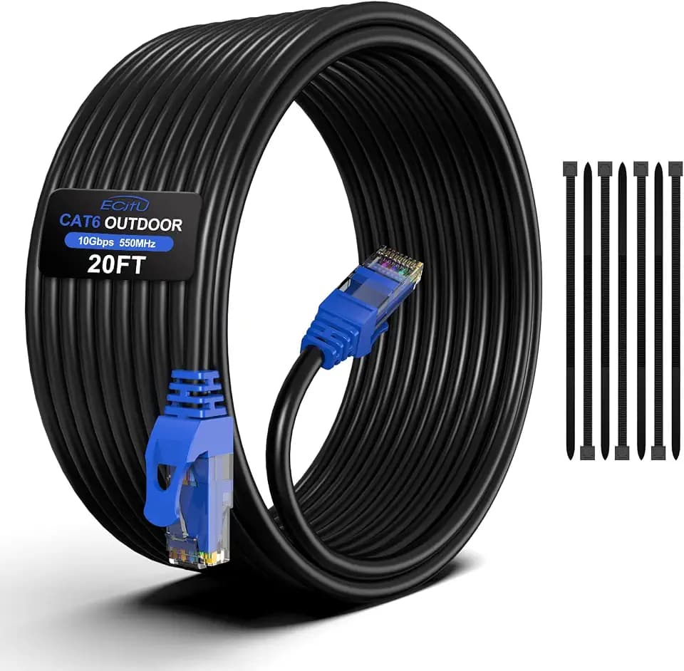 20FT Cat6 Outdoor Ethernet Cable, In-Ground, Heavy Duty Direct Burial, 24AWG CCA Patch Cord, PoE, UTP, Waterproof, LLDPE UV Resistant, Network, Internet, LAN, Cat 6 Cable 20 Feet with 25 Cable Ties
