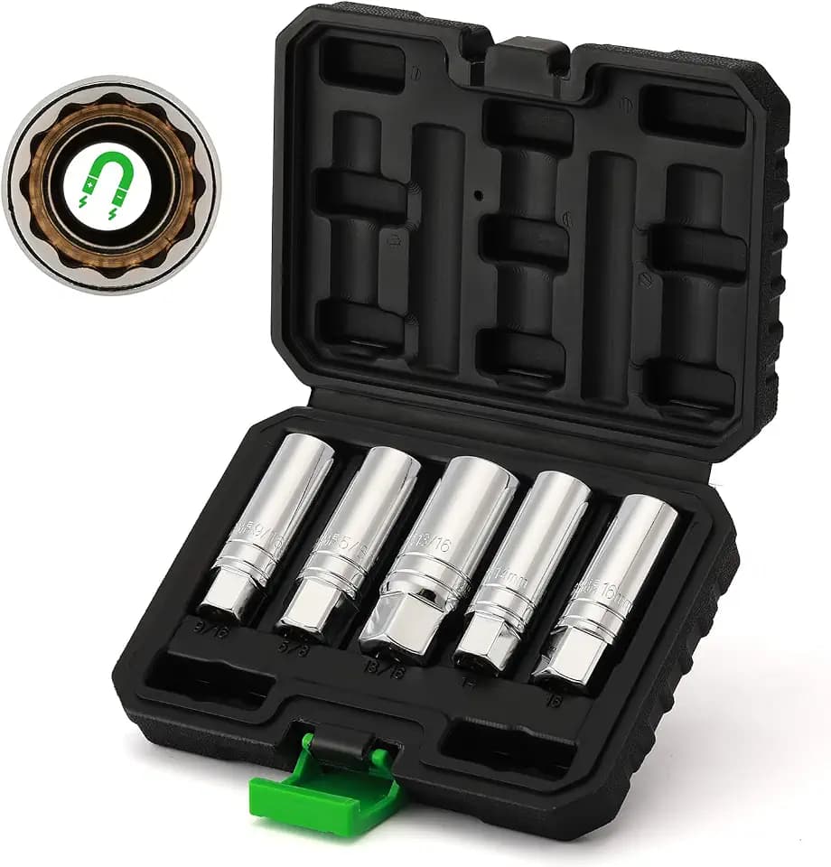 TecoTek 5 Piece 3/8-Inch Drive Magnetic Spark Plug Socket Set, Includes 14mm, 16mm Thin Wall Sockets and 9/16-inch, 5/8-inch, 13/16-inch Sockets, 6-Point and 12-Point, CR-V, Enhanced Magnetic Design
