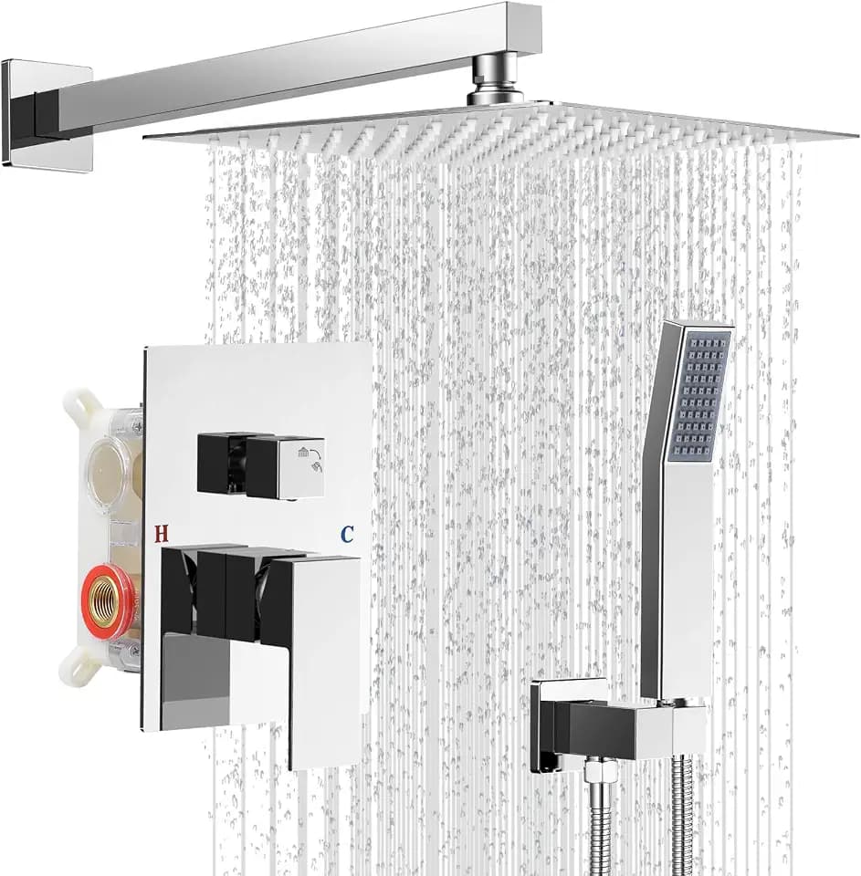 10" Square Rain Shower Faucet Set, Wall Mount, Chrome