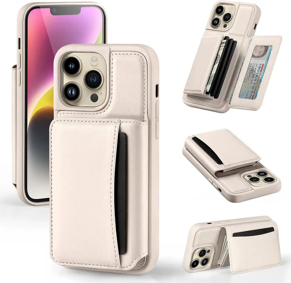 SkyEagle Compatible with iPhone 14 Pro Max Wallet Case with Card Holder,RFID Blocking Phone Case for Women Men PU Leather Flip Folio Shockproof Cover Credit Card Slots Kickstand,Beige