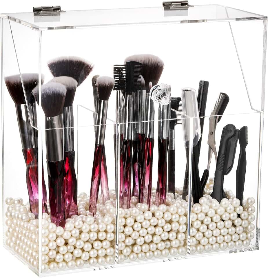 Okllen Make-up-Pinselhalter mit Staubdichtem Deckel, Weiße Perlen, Transparenter Acryl-Make-up-Pinsel-Organizer mit 3 Fächern, Kosmetikpinsel-Aufbewahrungsbox für Waschtisch, Badezimmer, Schlafzimmer