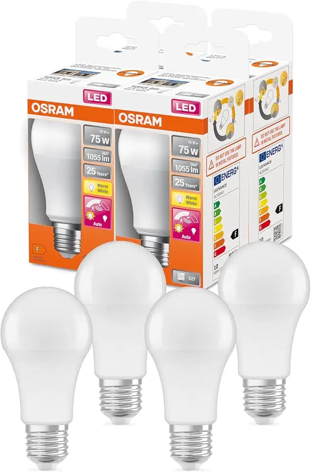 Osram SUPERSTAR+ CLASSIC A 75 FR LED-Lampe, Sockel E27, Kolbenform, 10W, 1055lm, 2700K, warmweißes Licht, sehr geringer Energieverbrauch, lange Lebensdauer, Bewegungssensor, Abschaltautomatik,4-Pack