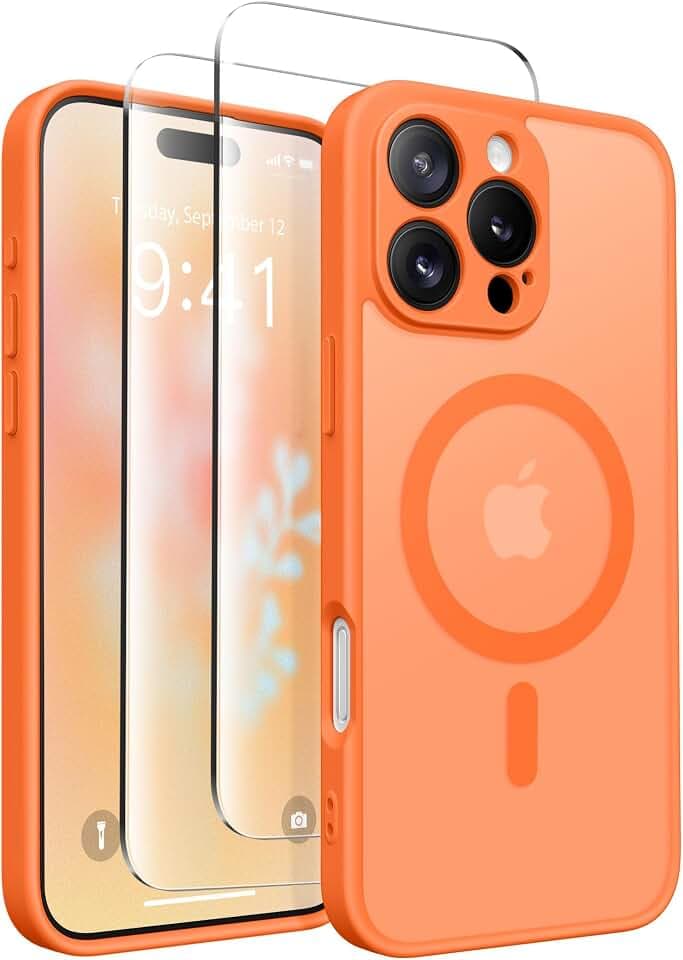 CAPRARO Magnetisch Kompatibel mit iPhone 16 Pro Hülle,Verbessert[Vollständiger Schutz der Kamera] [Kompatibel mit MagSafe] Schützende Transluzente Matte Frauen Handyhülle Abdeckung, Orange Gelb