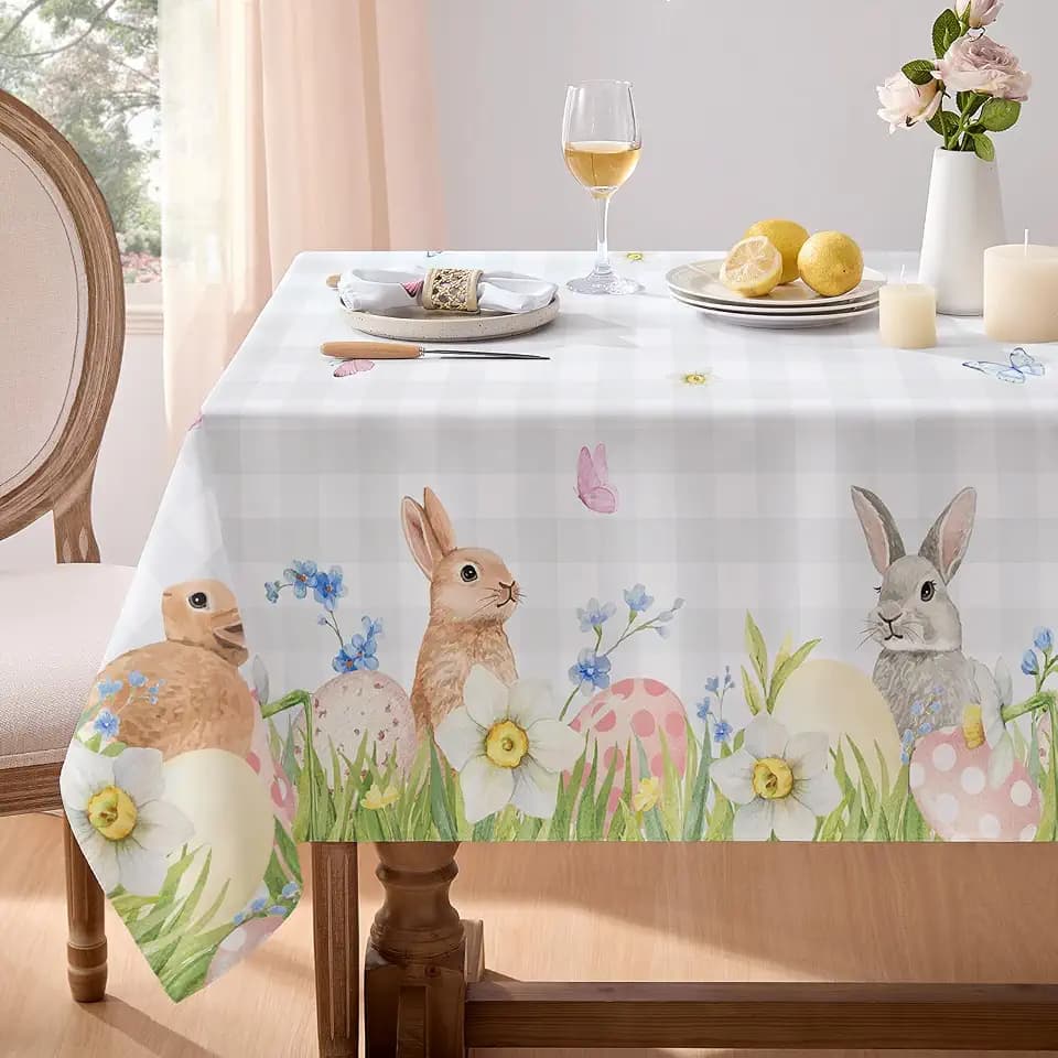 Softalker Spring Easter Tablecloth Rectangle - Bunny & Eggs Buffalo Plaid Flower Table Cloths, Stain Resistant Wrinkle Free Table Covers for Dinner/Party/Picnic/Outdoor, Grey Checkered 60 x 84 Inch