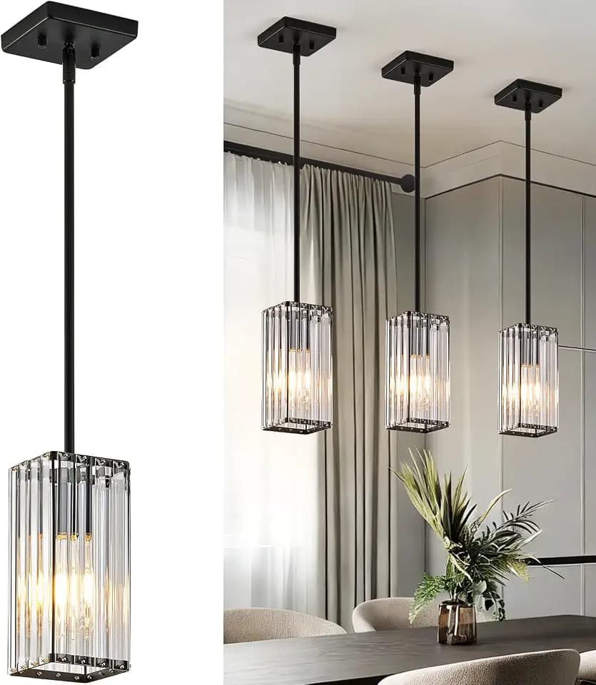 Modern Crystal Pendant Lights Kitchen Island, 3-Pack Black Hanging Light with Clear Crystal Shade, Adjustable Height Pendant Lighting for Kitchen Island Dining Room Bedroom Bar Entryway
