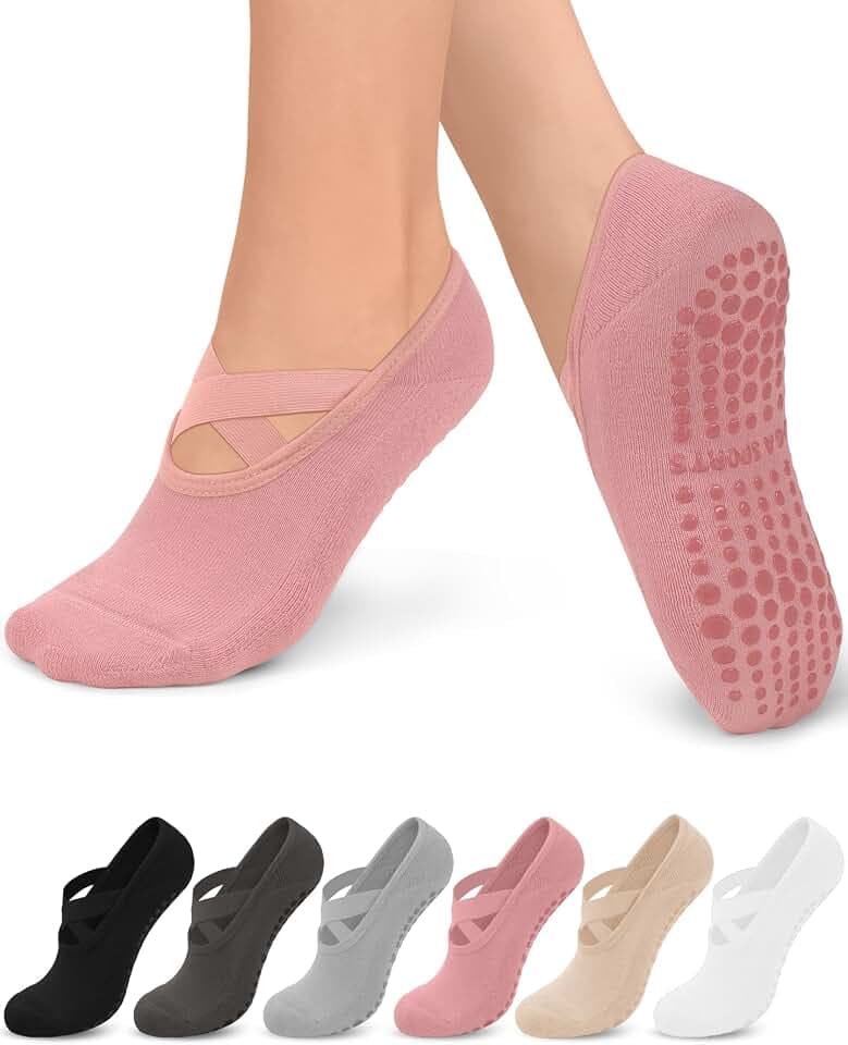 Aoliks 6 Pairs Pilates Grip Socks for Women, Non-slip Yoga Athletic Socks for Barre Ballet Barefoot Workout Hospital