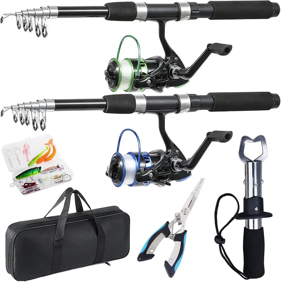 Tripquips Fishing Rod, 2PCS Telescopic Fishing Rod and Reel Combo with Fishing Pliers and Lip Gripper, Pre-Loaded Spinning Reel Combo, Fishing Pole with Carrier Bag Fishing Gear