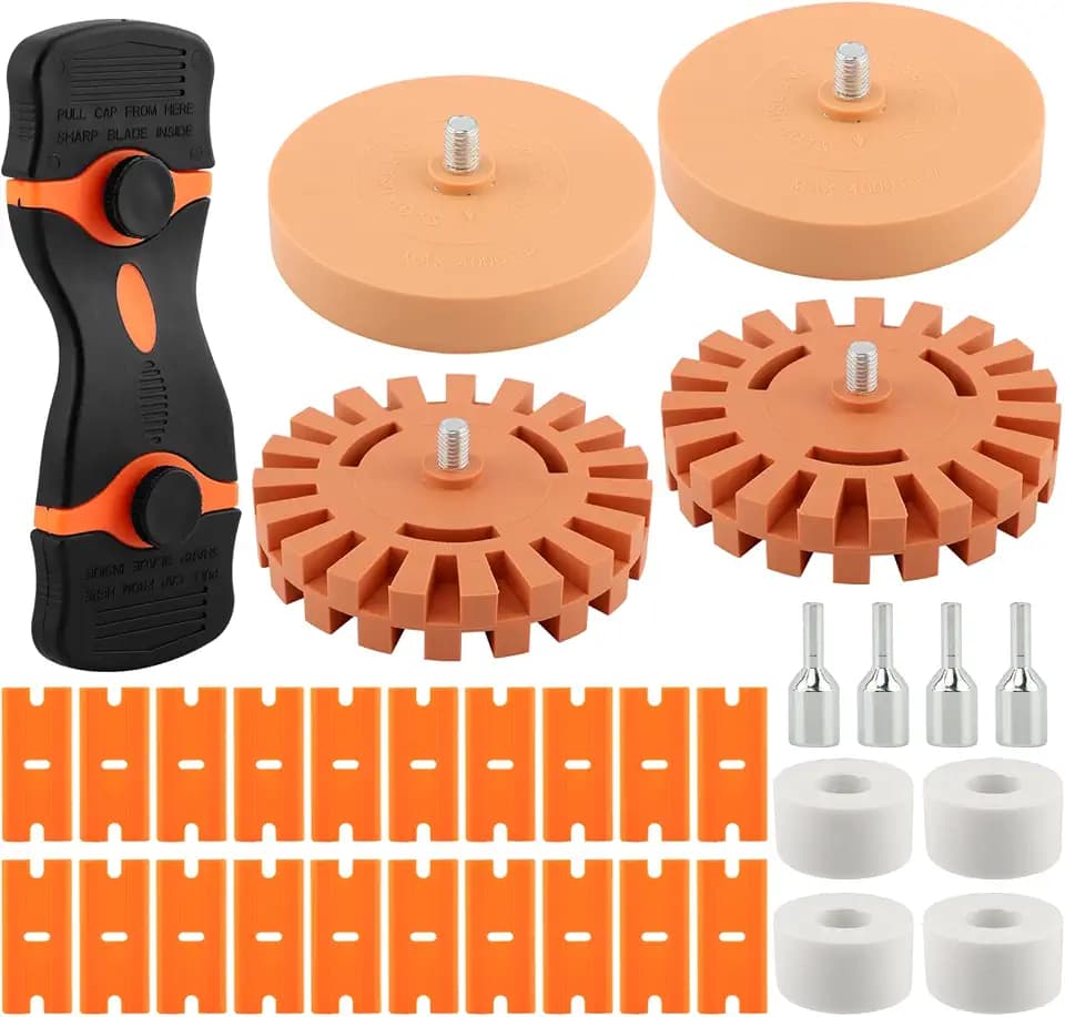 4 Pack Rubber Eraser Wheel Decal & Sticker Remover, 3.5" & 4" Serrated & Flat Wheels with Drill Adapter, Power Drill Attachment for Car Vinyl Wrap, Pinstripe, Glue Residue Removal