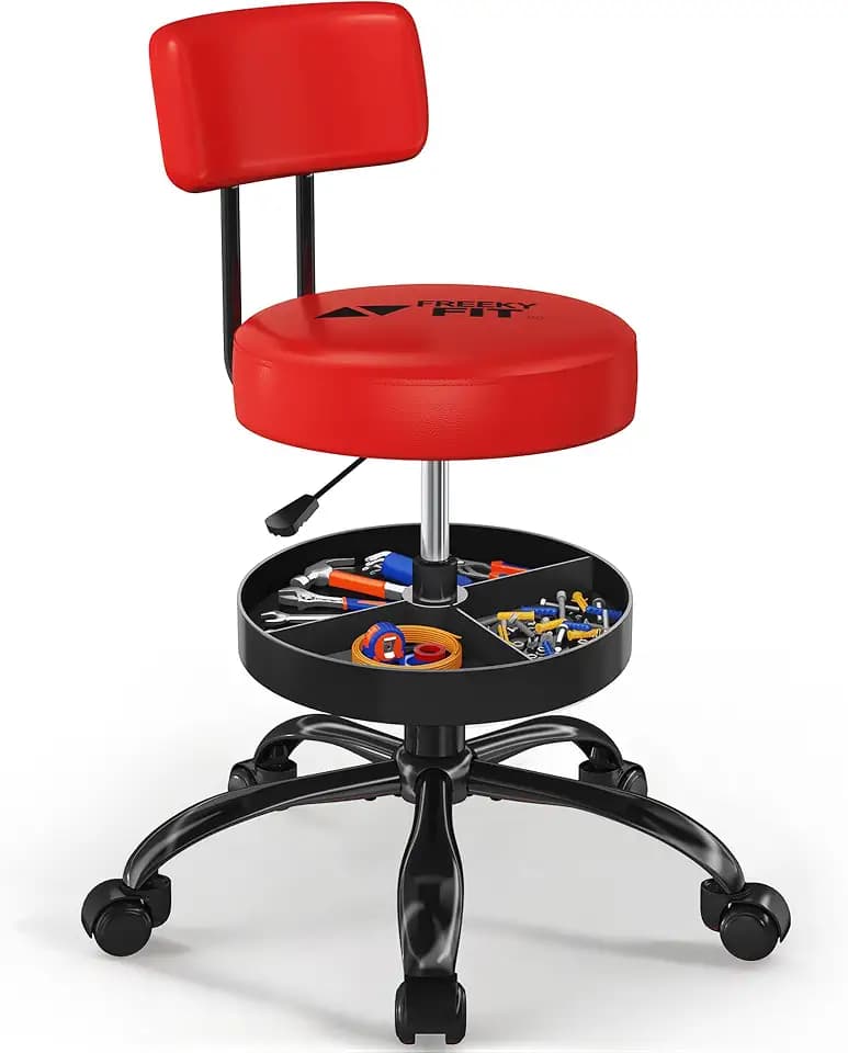 Rolling Shop Stool with Wheels, Garage Work Mechanic Stool, Red