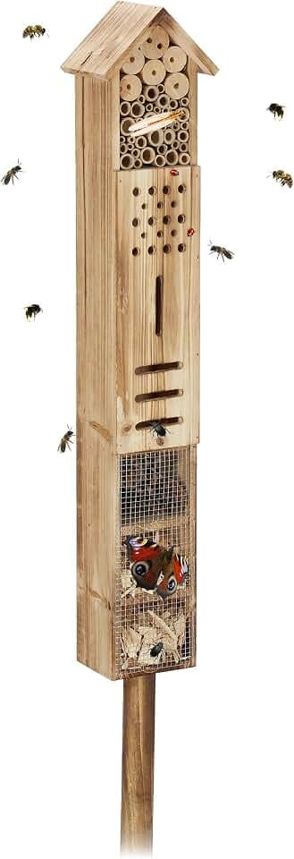 Relaxdays Insektenhotel mit Ständer, Holz, Insektenhaus Garten, HxBxT: 150 x 15,5 x 11 cm, Schmetterlingshotel, Natur