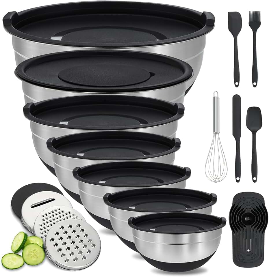 BEWOS Rührschüssel mit Deckel 7-teilig, Edelstahl Rührschüsseln mit Reibe, Nesting Design & Anti-Rutsch-Boden Rührschüssel, Größen 4.5, 4, 3.5, 2.1, 1.5, 1.1, 0.7 Qt zum Mischen&Servieren