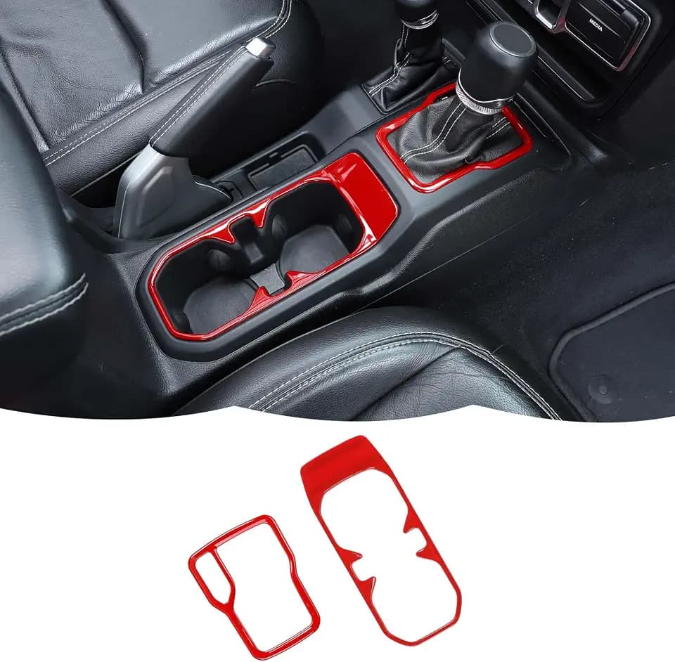 Cup Holder Trim Cover Gear Shift Cover Center Console Decoration Interior Accessories Compatible with Jeep Wrangler JL JLU & Gladiator JT 2018-2024,Red
