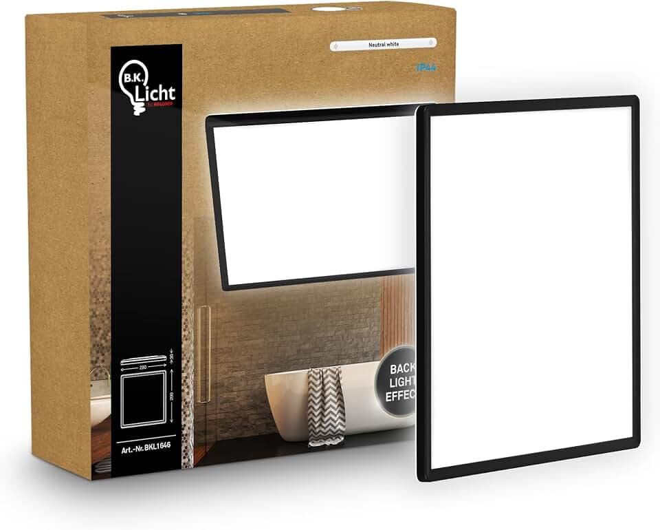 B.K.Licht - LED Deckenlampe mit indirektem Licht, Flach, Neutralweißes Licht, IP44, Panel, LED Lampe, Deckenleuchte, Badezimmer Lampe, Wohnzimmerlampe, Küchenlampe, 29x29x3 cm, Schwarz