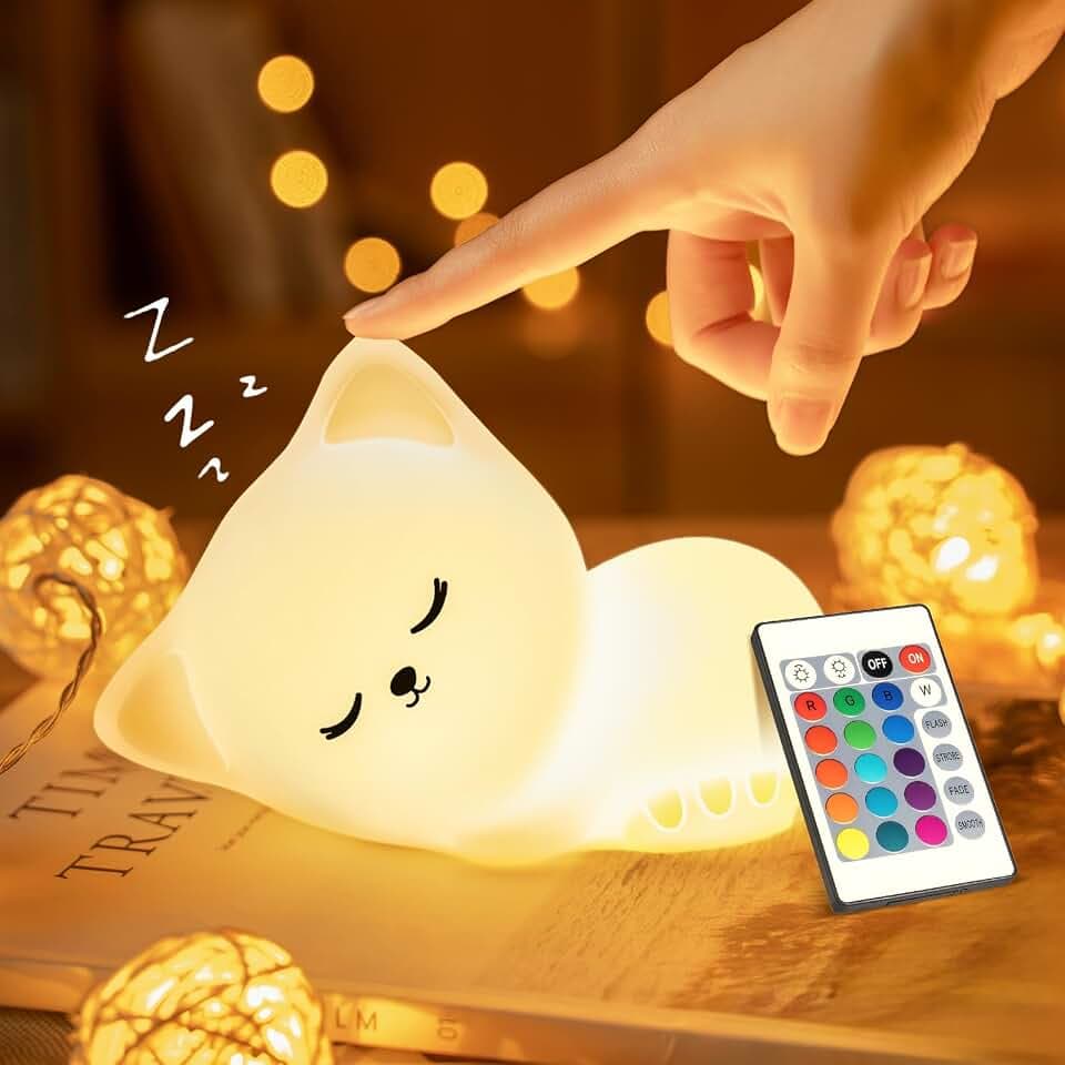 Nachtlicht Kinder, 16Farben 5Helligkeit Katze Nachtlicht Baby Stilllicht Dimmbar,Cat Kinderzimmer Deko Kawaii Deko, Katze Geschenke Baby Geschenk Mädchen 3-7 Jahre, Squishy Katze Spielzeug Kinder