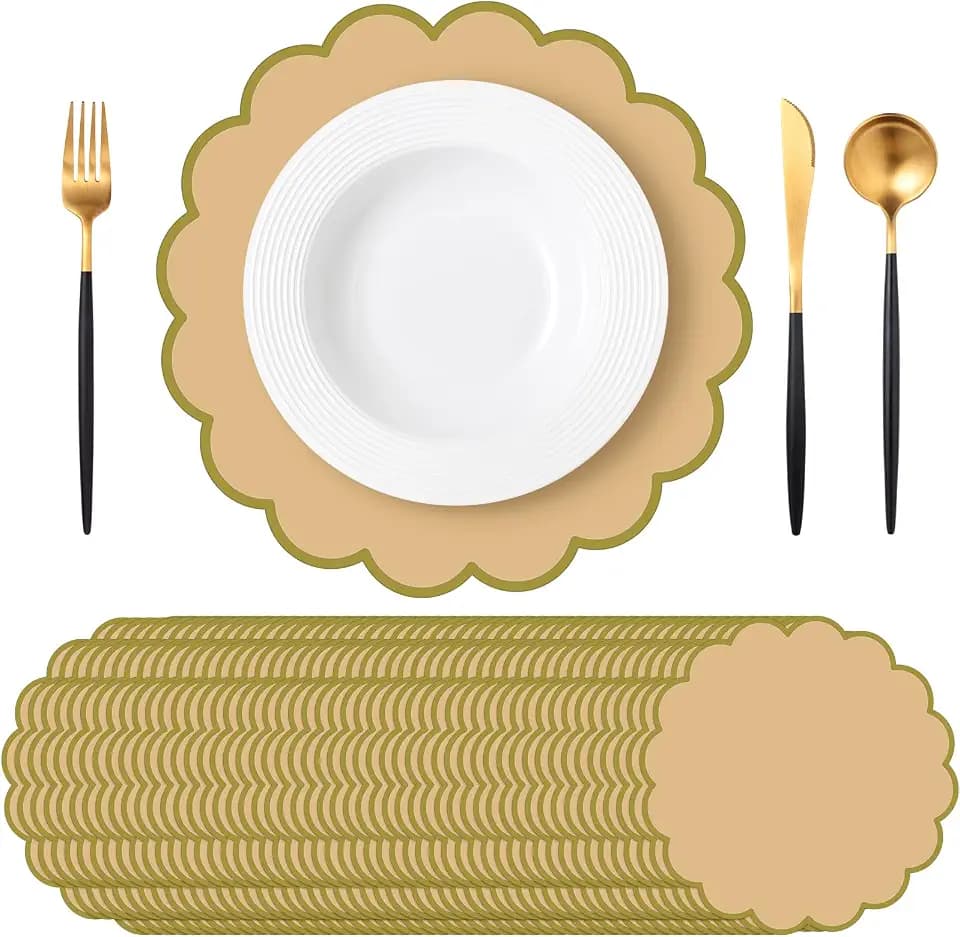 Tinlade 50 Pcs Paper Placemats, 13.5 Inch Disposable Scalloped Placemat, Decorative Round Table Place Mats for Birthday, Wedding, Bridal Shower, Baby Shower, Tea Party, Dining Tableware (Brown)