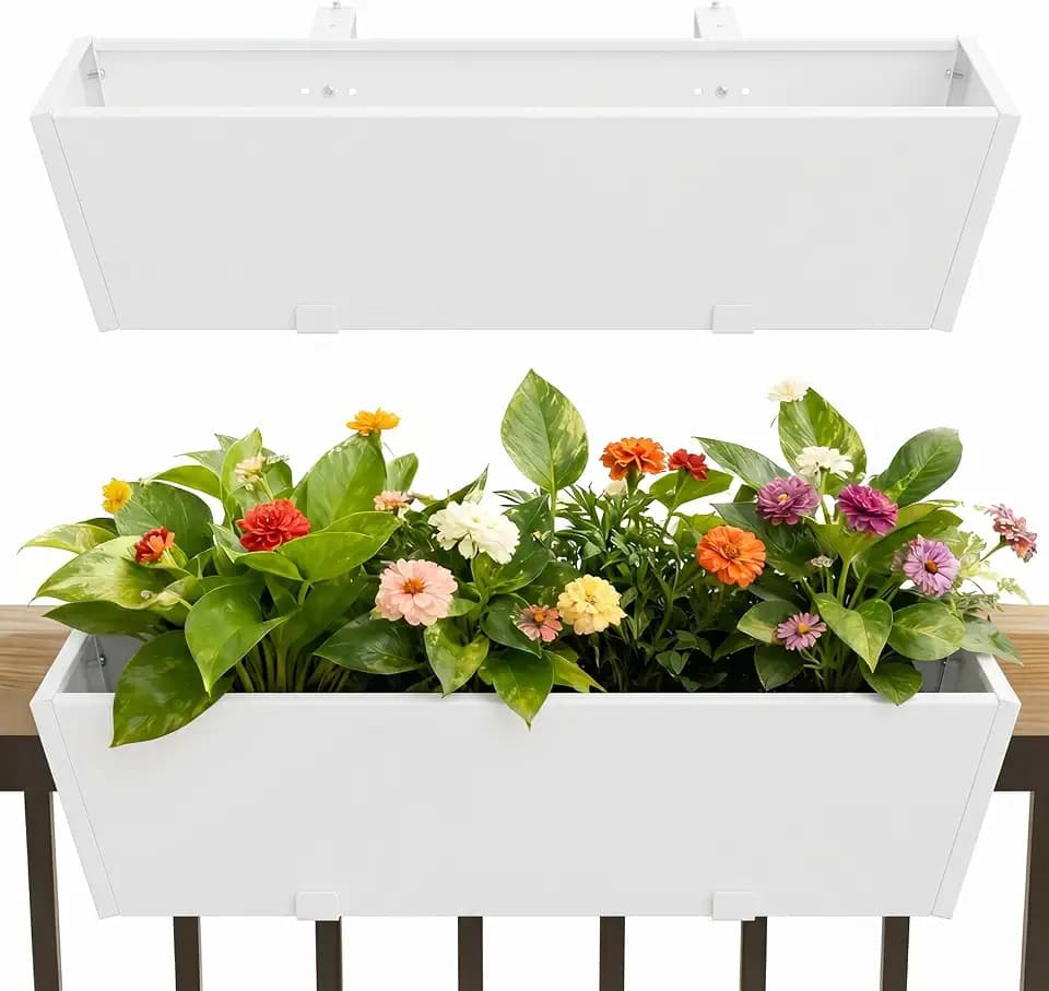 2 Pack 36 Inch Railing Planter Boxes, Heavy Duty Metal Hanging Planters with Adjustable Brackets, Outdoor Balcony Flower Box for Deck, Fence, Porch Railings (White)