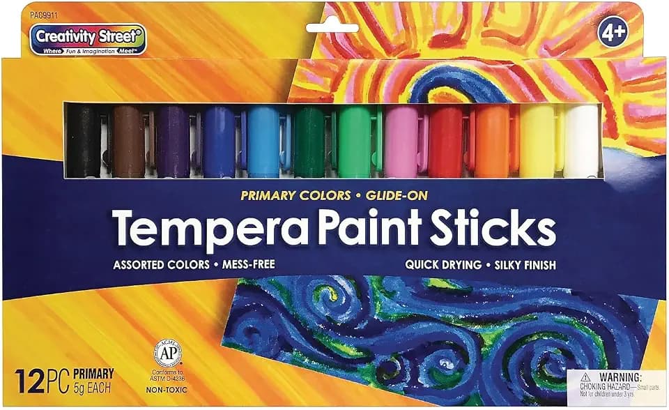 Creativity Street Glide-On Tempera Paint Sticks, 12 Assorted Primary Colors, 5 grams, 12 Count