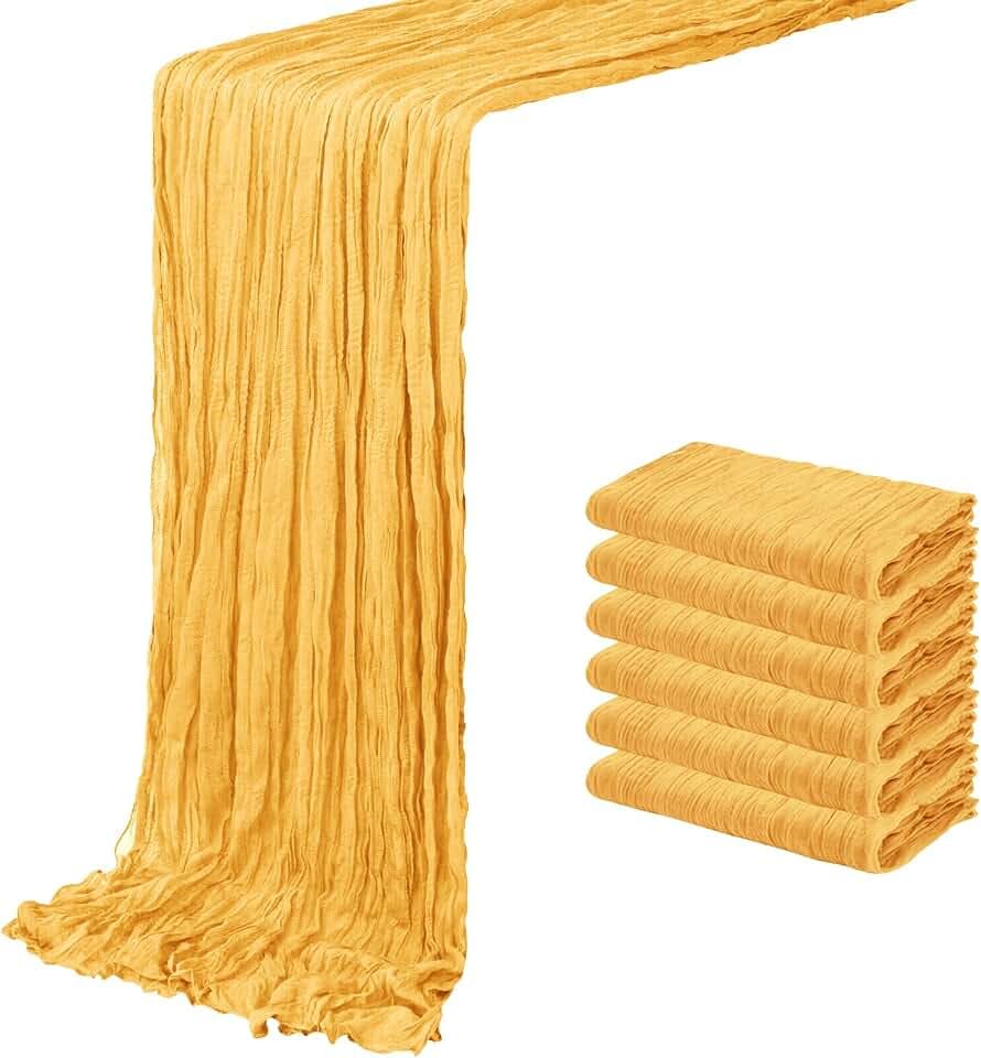 6 Pack Gold Cheesecloth Table Runner 20 x 120 inch Gauze Table Runners 10 FT Long,Semi Sheer Cheese Cloth Fabric Table Runner Bulk for Wedding,Party,Baby Shower,Bridal Shower Decoration