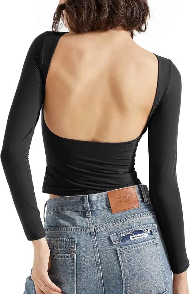 SUUKSESS Women Backless Going Out Tops Double Lined Open Back Basic Long Sleeve