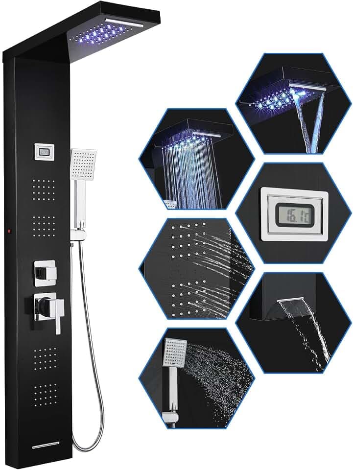 ROVOGO Duschsäule mit 7 Funktionen, schwarz, Duschsäule, Hydromassage, LED-Lichter, Temperaturanzeige, Regen, Wasserfall, Massagedüsen, Handbrause, Badewannenauslauf, Edelstahl, Wandmontage