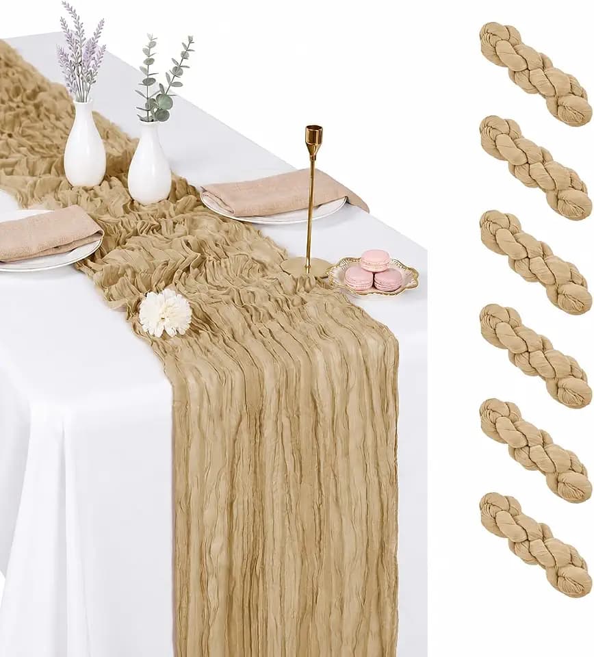 6 Pack Beige Cheesecloth Table Runner 17x108 Inch Boho Rustic Semi Sheer Gauze Cheese Cloth Table Runner for Wedding Bridal Shower Baby Shower Party Farmhouse Dining Table Decor