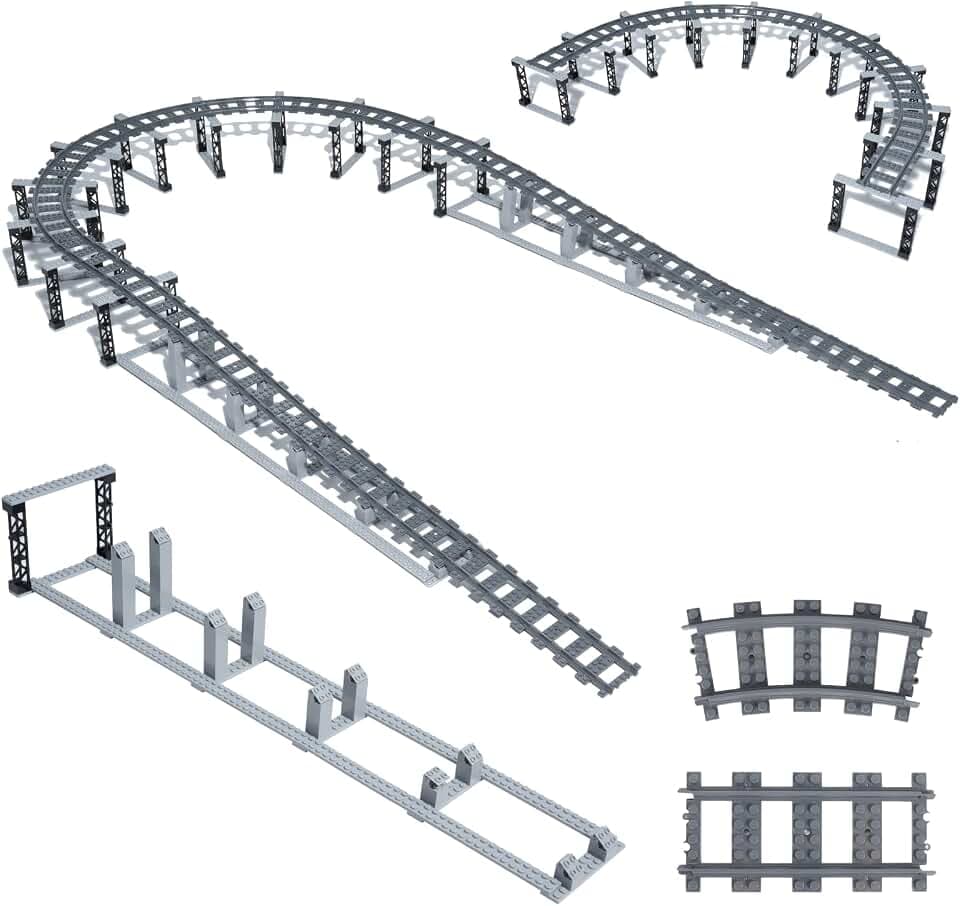 City Zug Schienen Bausteine Set Ulegqin Zug Eisenbahn Schienen mit 16 gerade Gleise + 8 Kurven + 11 kleine Stützen + 2 Rampenstützen Kompatibel mit gängigen Baustein Zugsets Train Tracks Expansion Set