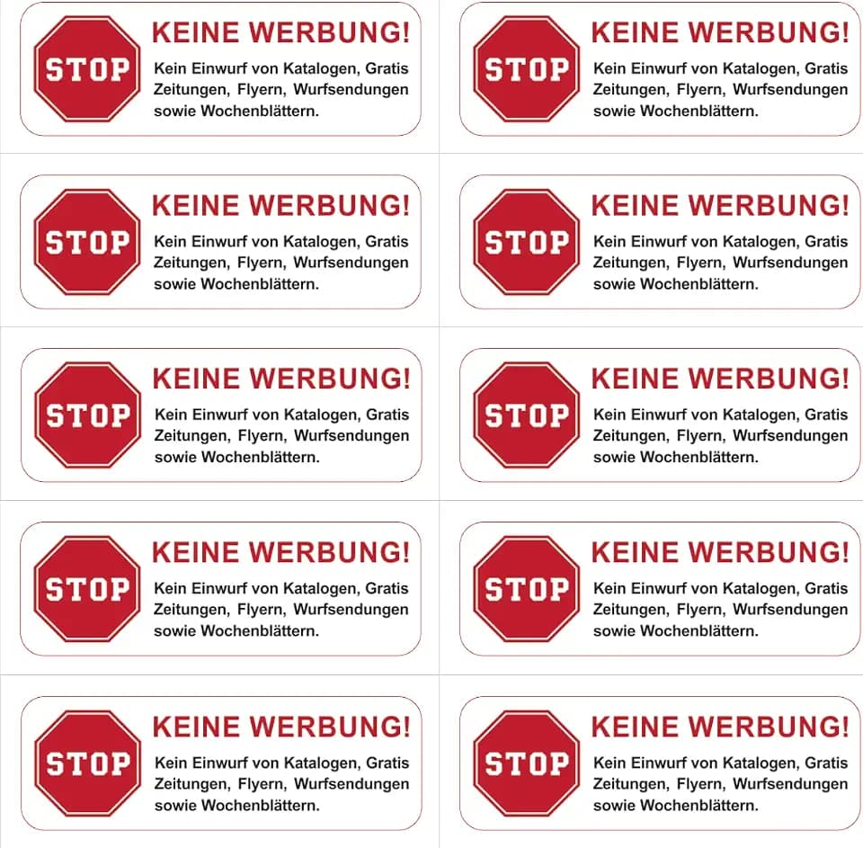 10x Aufkleber Keine Werbung mit STOP Schild 6x2cm